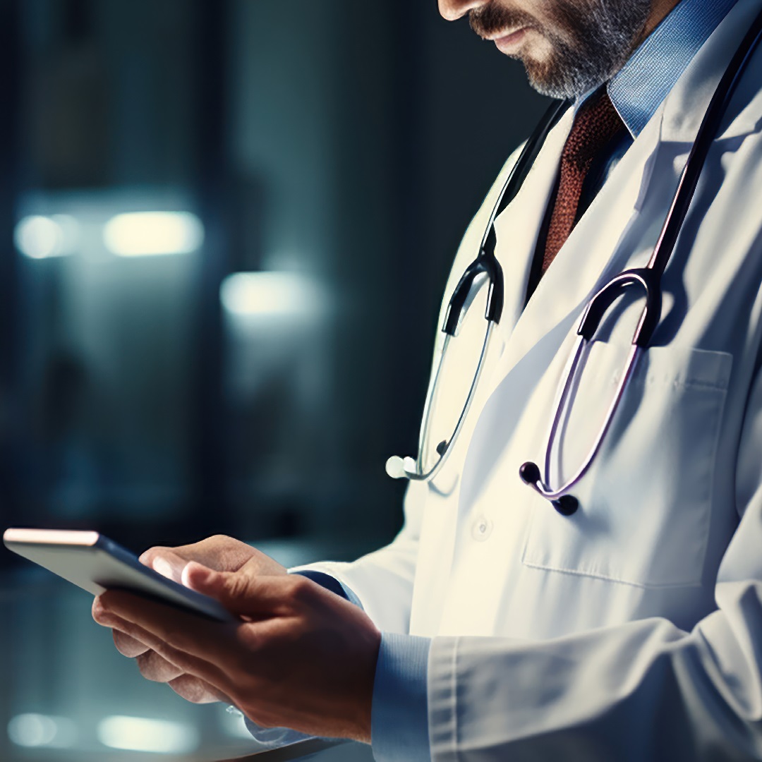 The modern healthcare approach: doctors using tablets for records.